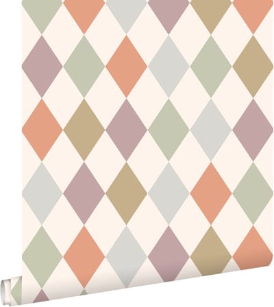 ESTAhome behang ruitjes beige, paars en terracotta - 50 x 900 cm - 131764