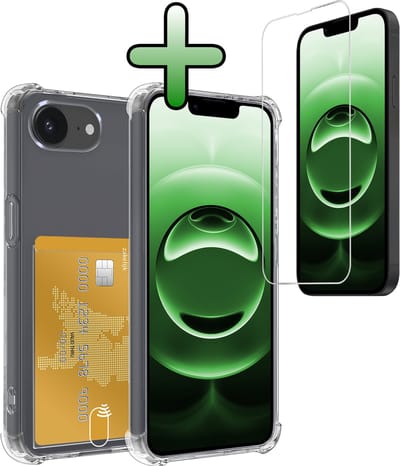 Hoesje Geschikt voor Apple iPhone 16e - Met Screenprotector - En Pashouder - En Kaarthouder - Telefoon Hoes Shockproof - Siliconen Case - Back Cover - Shock Proof - Pasjes Houder - Transparant