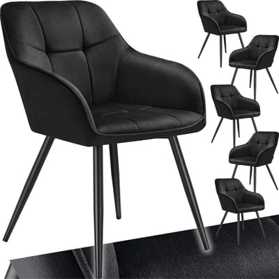 tectake® Eetkamerstoelen Marilyn - Set van 6 - Gestoffeerde Stoel in Fluweellook - Stikpatroon - Zwarte Stoelpoten - Ergonomische Keukenstoel - Doorlopende Rugleuning en Armleuningen - Stoel voor Woonkamer, Eetkamer, Slaapkamer - Zwart