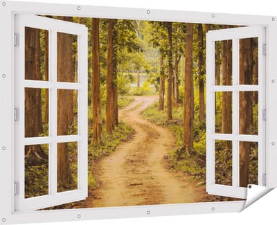 Gards Tuinposter Doorkijk Pad in het Bos met Bomen - 180x120 cm - Tuindoek - Tuindecoratie - Wanddecoratie buiten - Tuinschilderij