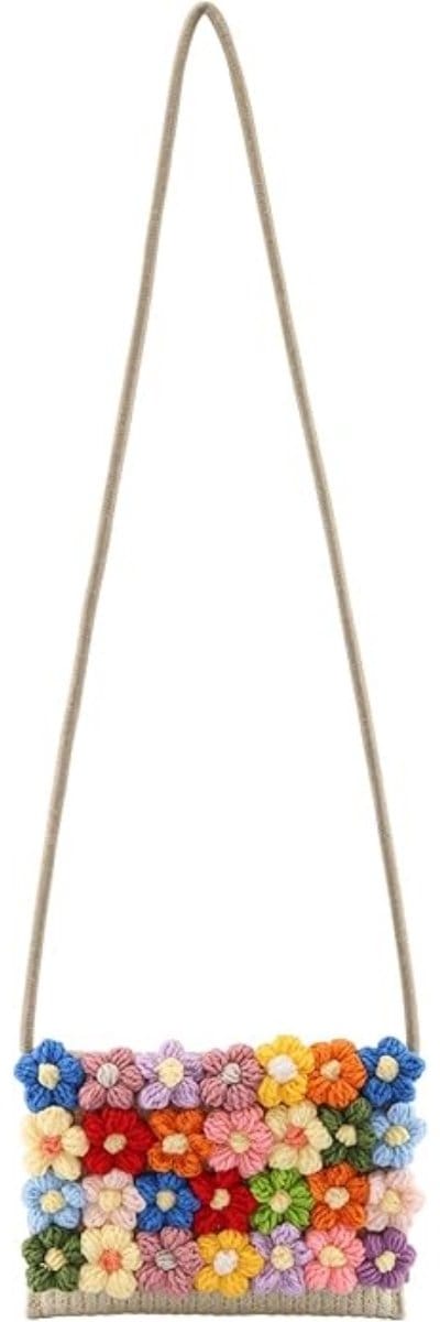 longziming -Handgemaakte Strohlook Tas - Handtas - 3D-Bloemenversiering - Katoen Met PU-Rand - Zomerse Bohemian Uitstraling - 1 Stuk-wit