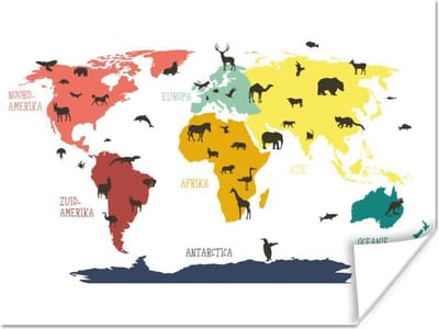Wereldkaart kinderen - Dieren - Kleuren - 160x120 cm - Poster