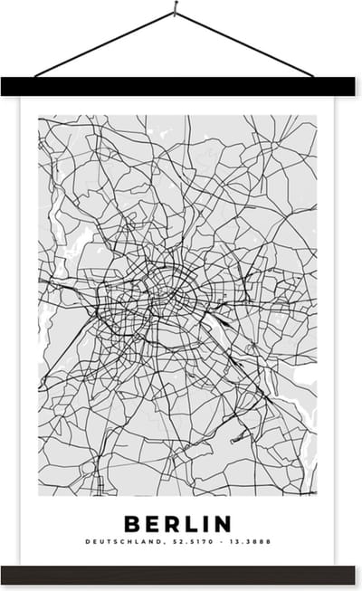 Posterhanger incl. Poster 40x60 cm - Schoolplaat - Duitsland - Stadskaart - Plattegrond - Berlin - Kaart - Textielposter - Zwarte latten - Stadskaart