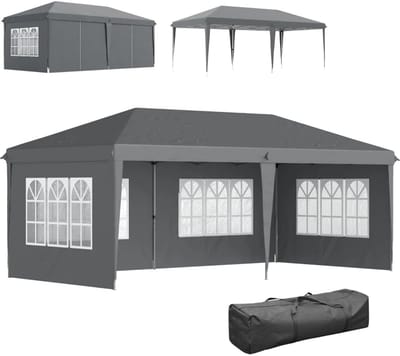 Luxe Tuinpaviljoen - Pop-up Paviljoen met Raam & 4 Zijpanelen - Opvouwbaar - UV-bescherming - 3x6 m - Prieel - Partytent - Pergola - Gazebo - Feesttent - Tuintent - Waterdicht - voor Tuin, Camping & Feest - Grijs