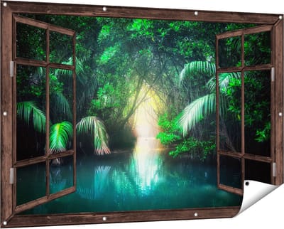 Gards Tuinposter Doorkijk Tropische Jungle met een Turquoise Meer - 150x100 cm - Tuindoek - Tuindecoratie - Wanddecoratie buiten - Tuinschilderij