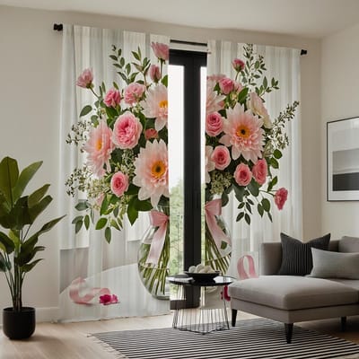 2 pièces Vase HD Bouquet de roses rideau décoratif Rose cravate rideau imprimé numérique Style Décoration de la maison Décoratif salon W52H63inchW132H160cm white