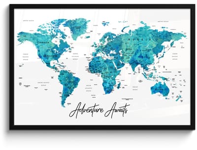 Poster in lijst - Fotolijst 90x60 cm - Posters - Wereldkaart - Blauw - Kleurrijk - Posterlijst zwart - Decoratie - Wanddecoratie woonkamer - Muurdecoratie slaapkamer