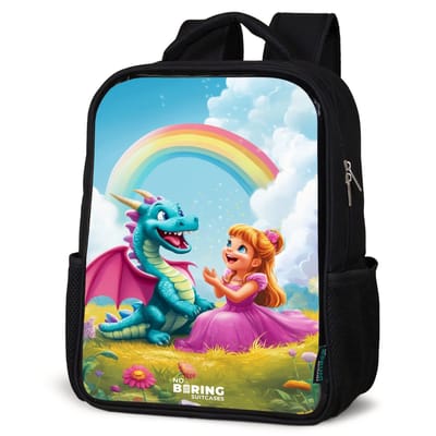 NoBoringSuitcases.com® - Rugzak zwart - Schooltas jongen & meisje - Prinses en dino in een kleurrijke wereld - Rugtas voor school - Boekentas kind - Schoolrugzak - Kinderrugzak