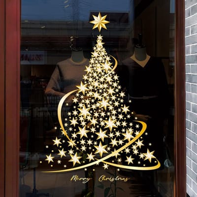 Raamsticker Kerstboom, voor op glas, statische goudkleurige sticker, doe-het-zelf, muur-, raam-, deursticker, voor etalages, 1 stuks