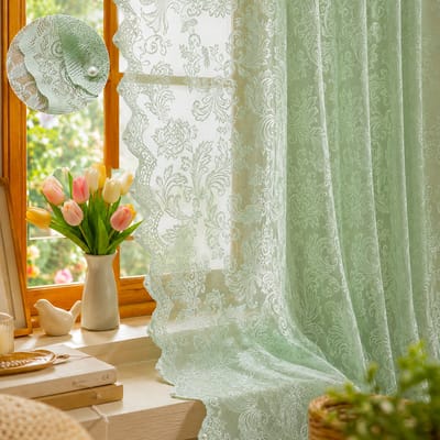 MUPOO Vitrages Kant en Klaar - Mintgroene Kanten Vitrage Gordijnen met Bloemenmotief - Lichtdoorlatend &Luchtig -Voile Gordijnen met Tunnelzoom voor Slaapkamer/Woonkamer - 140 x 215 cm-1 stuk