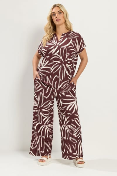 Yours Bruine Abstracte Print Broek Met Wijde Pijpen Size Regular > 42