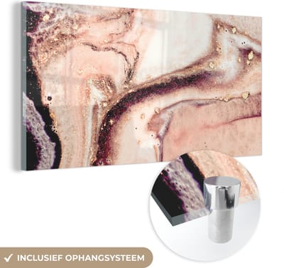 MuchoWow® Glasschilderij 40x20 cm - Schilderij acrylglas - Steen - Marmer - Edelsteen - Abstract - Natuur - Roze - Foto op glas - Schilderijen