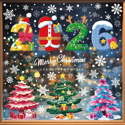 Kerststickers, raamstickers, 2026 jaar, kerstdecoratie, kerstdecoratie, binnen, kerststickers, doe-het-zelf, afneembaar, pvc, herbruikbaar, statische sticker