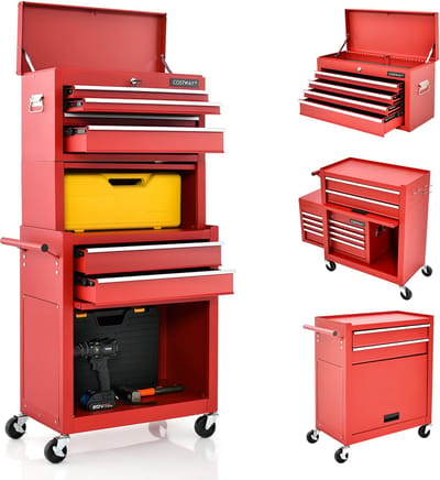 COSTWAY 2-in-1 werkplaatswagen incl. koffer & 9 vakken & haken, gereedschapswagen afsluitbaar op wielen zonder gereedschap, professionele werkplaatswagen metaal, 61,5 x 33 x 132 cm (rood)