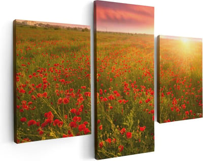 Artaza Canvas Schilderij Drieluik Rode Klaproos Bloemenveld - Zonsondergang - 90x60 - Foto Op Canvas - Canvas Print