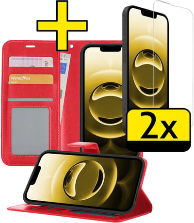 Hoesje - Met 2x Screenprotector - Geschikt voor Apple iPhone 16e - Luxe Pasjeshouder - Bookcase Portemonee - Flip Case - Kunstleer Book Case - Flipcase Hoes - Book Cover - Walletcase - Portemonneehoes - Telefoonhoesjes - Rood