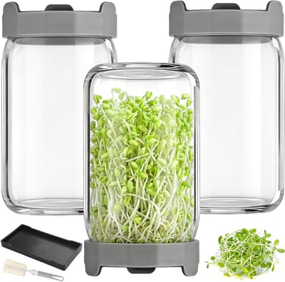 Kiemglas set van 3 stuks met brede hals voor microgreens, inclusief lekbak en reinigingsborstel voor keukentuin en gezonde voeding