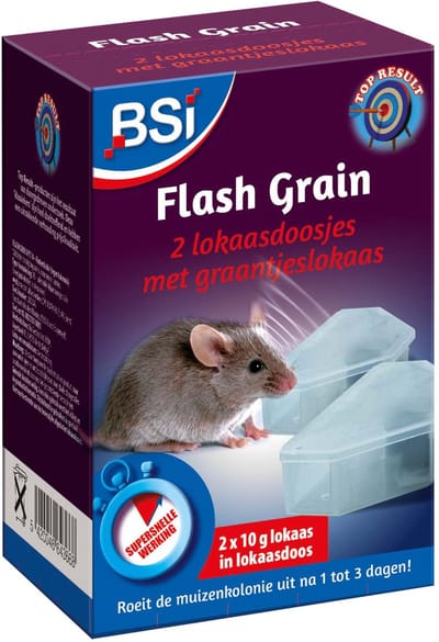 BSI - Flash Grain - Rodenticide - Graantjeslokaas tegen muizen - 2 lokaasdoosjes met elk 10 g