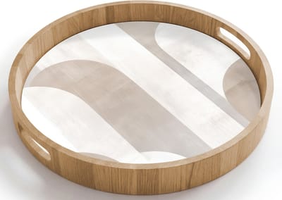 Dienblad rond 40x40 cm - Schootdienblad hout - Abstracte bogen - Modern - Beige - Borrelplank rechthoek - Plateau houten dienbladen
