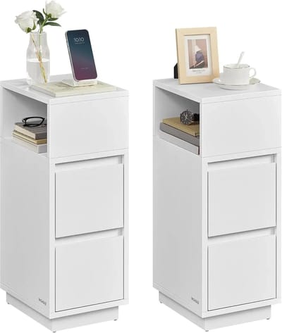 Archi Nachtkastje – Bijzettafels - Ladekast - Smal Design – Nachtkastje Met 2 Laden – Open Compartiment – Wit – 30 x 25 x 65 cm