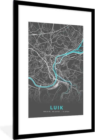 Fotolijst incl. Poster - Stadskaart – Grijs - Kaart – Luik – België – Plattegrond - 60x90 cm - Posterlijst