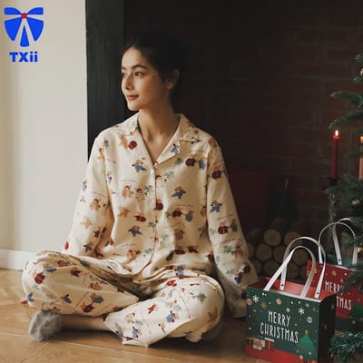 Nieuw Katoen Schuren Revers Gestreepte Huiskleding Cartoon Serie Bedrukt Lange Mouw Pyjama Pak XL brown