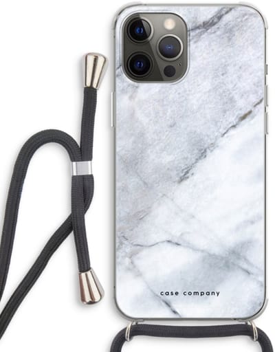 Case Company® - Hoesje met koord geschikt voor iPhone 12 Pro hoesje met Koord - Witte marmer - Telefoonhoesje met Zwart Koord - Bescherming aan alle Kanten en Over de Schermrand
