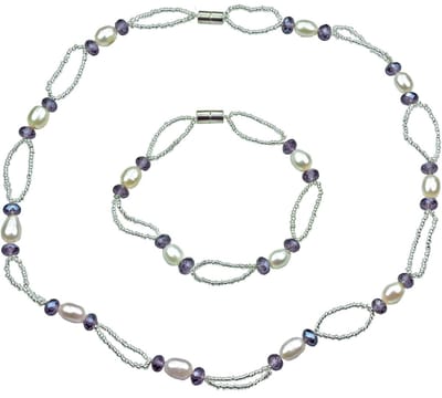 Zoetwater parel set Pacio - echte parels - parelketting + parel armband - wit - paars - zilver - kristallen - magneetslot - luxe sieraden zakje - parelketting dames - parel armband dames