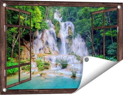 Gards Tuinposter Doorkijk Waterval in het Tropische Natuur - 60x40 cm - Tuindoek - Tuindecoratie - Wanddecoratie buiten - Tuinschilderij
