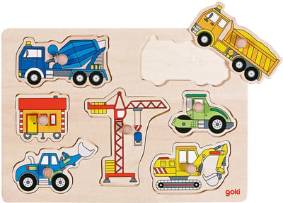 GOKI Steekpuzzel - Bouwwerfvoertuig - 7 Delen - 30X21X2,4Cm - Hout - 1 Jaar