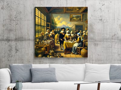 Acryl vermeer schilderij | Kleurrijk Meesterwerk: Een Moderne Interpretatie van Vermeer's Kunst | Kunst - 100x100 centimeter op Dibond | Foto op Dibond