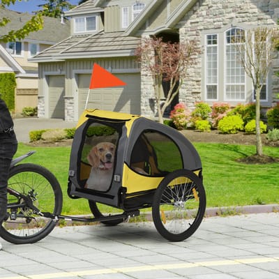 MODFU - Fietskar Voor Huisdieren - Gaasramen En Veiligheidslijn - Voor Middelgrote Honden - Polyester - Geel - 140 X 71 X 83 Cm