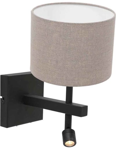 Wandlamp Stang 8203ZW van Steinhauer, zwart metaal en grijze linnen kap, draaibaar en kantelbaar, met leeslamp, E27 fitting, 40W max, geschikt voor binnengebruik