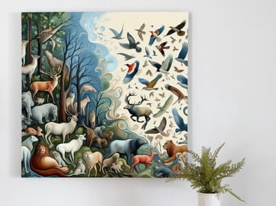 Olieverf dieren schilderij | Een surrealistische dierentuin in levendige olieverf geschilderd | Kunst - 100x100 centimeter op Dibond | Foto op Dibond