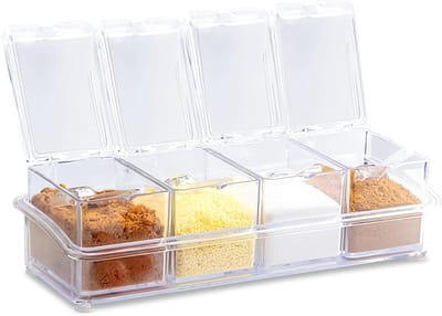 Set van 4 Vierkante Specerijpotjes met Lepels - Transparante Plastic Opbergdozen voor Keukenbenodigdheden en Kruidenset