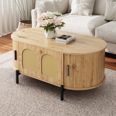 FloraGrace Salontafel - Ovale Tafel Met Rotan Deuren En Opbergruimte - Voor Woonkamer - MDF En Metaal - 100x50x40 Cm - Naturel