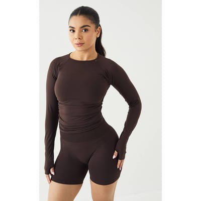 Dames DSGN Studio Sport Ultra Contour Naadloze Gerimpelde Lange Mouw Top | Coffee Bean | Maat: Small
