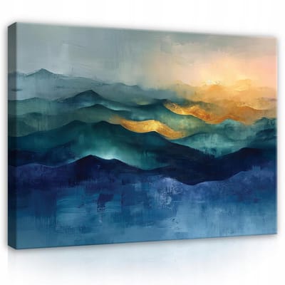 WALLARENA - Canvas schilderij - 100x70 cm - abstracte kunst in goud en blauw, modern ontwerp voor aan de muur