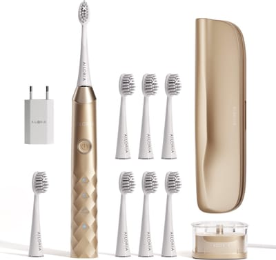 Elektrische tandenborstel Limited Edition Goud kleur - Ailoria - Inclusief USB stekker, inductief USB laadstation, 2x Extra Clean-opzetborstels, 6x opzetborstels houtskool.