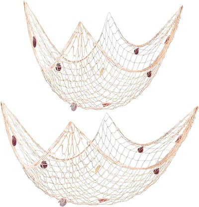 Decoratief Visnet - Schelpen Net - Maritieme Decoratie - Met Echte Schelpen - 2 Maten Set - Natuurlijk Wit