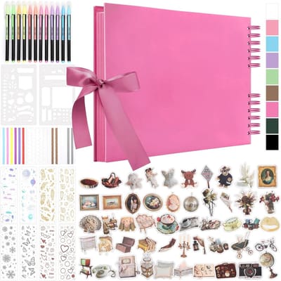 Doe-het-zelf scrapbook fotoalbum met lint - 80 pagina’s - 40 vellen - rechthoek hardcover fotoboek - inclusief 12 markeerstiften en 7 stickers - ideaal voor scrapbooken - kunst - knutselen - DIY - roze