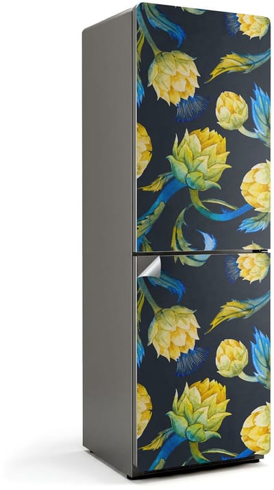 Wallfluent Koelkaststickers - Schilderachtig bloemenpatroon Koelkast Folie - 60 cm x 180 cm - Geel Koelkaststickers - Waterdichte Koelkast Sticker - Koelkast Makeover - Koelkast Decoratie Stickers - Koelkast Cover