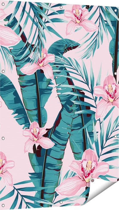 Gards Tuinposter Tropische Roze Zomer Bloemen met Bladeren - 80x120 cm - Tuindoek - Tuindecoratie - Wanddecoratie buiten - Tuinschilderij