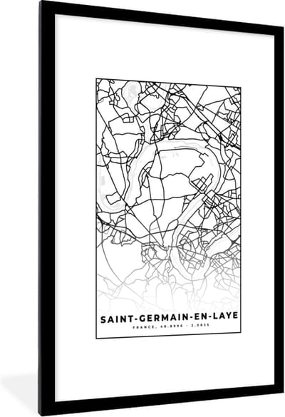 Fotolijst incl. Poster Zwart Wit- Kaart – Plattegrond – Frankrijk – Saint-Germain-en-Laye - Stadskaart - Zwart wit - 80x120 cm - Posterlijst