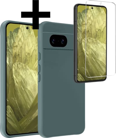 Hoesje - Met Screenprotector - Geschikt voor Google Pixel 8a - Sterk & Shockproof - Back Cover - Siliconen Case - Telefoon Hoes - Telefoonhoesjes - Donkergroen