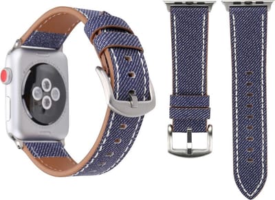 By Qubix - Geschikt voor Apple Watch bandje - Denim Pattern Echt Leren bandje - Donker blauw - Geschikt voor Apple Watch 38mm / 40mm / 41mm / 42mm - leren smartwatchbandje - Horlogebandje