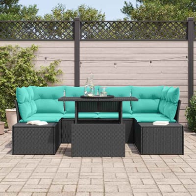 vidaXL - Bankstel - 7 - st - 6-Aantal - zitplaatsen - Zwart - en - Blauw - poly - rattan