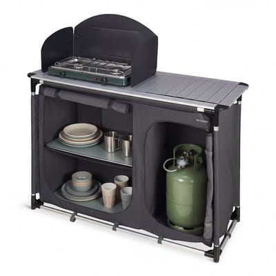 TRVLMORE Campingkeuken - Campingkast - Werkblad met Uitneembare Wasbak - 70KG Draagvermogen - 48x120x83CM - Windscherm - Grijs