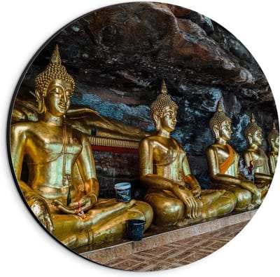 Dibond Wandcirkel - Rij Goudkleurige Buddha's  - 20x20cm Foto op Aluminium Wandcirkel (met ophangsysteem)