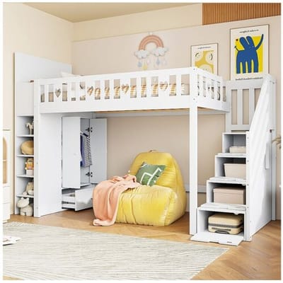 Merax Hoogslaper 90 x 200 cm met kledingkast, opbergplanken en lades - Dennen + MDF - Wit (zonder matras)